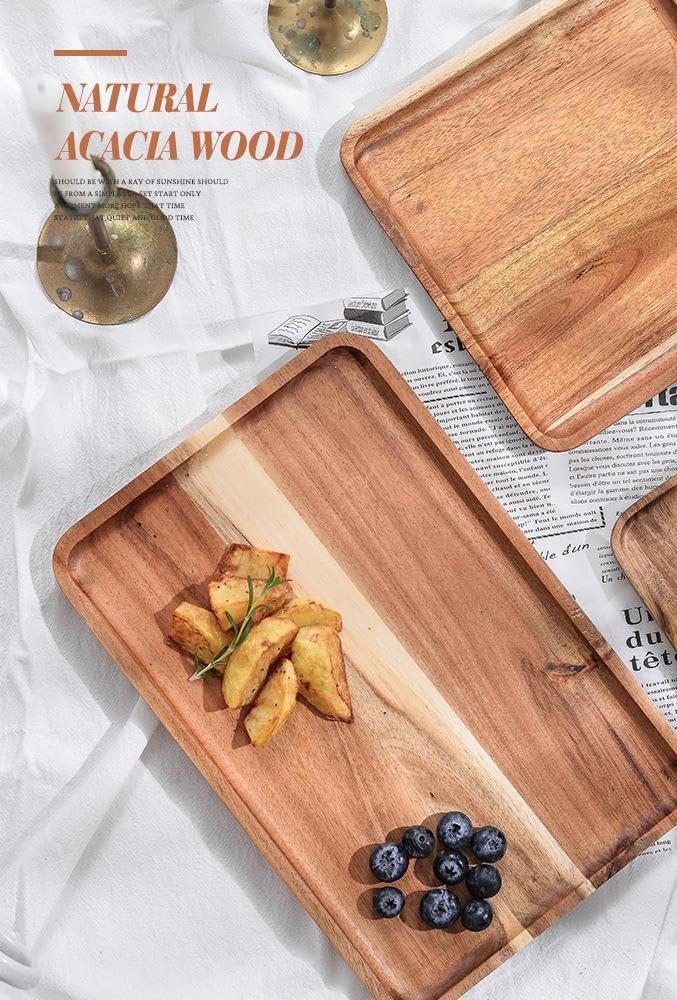 2 PCS Solid Acacia Wood Serving Trays Rectangular Wooden Serving Platters Nat...