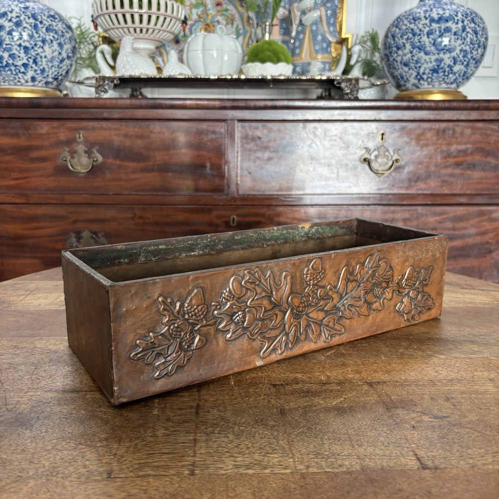 Vintage Distressed Copper Repousse Hammered Fruit Motif Rectangular Planter