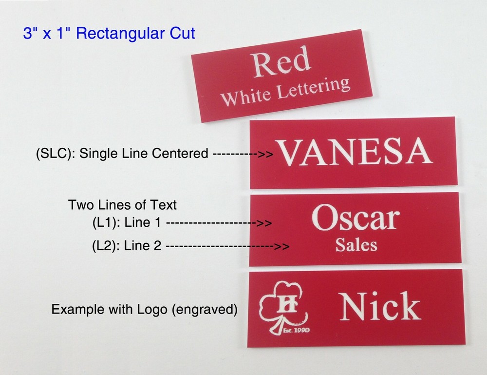 Custom Employee Name Tag RED - white lettering, 3x1 square corner, + attachment