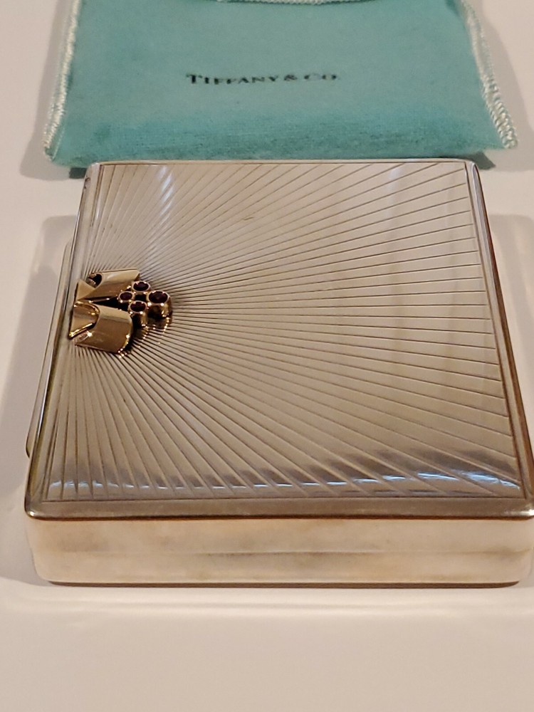 Large Tiffany & Co Sterling Silver/14k and Ruby Compact Or Storage Box + pouch