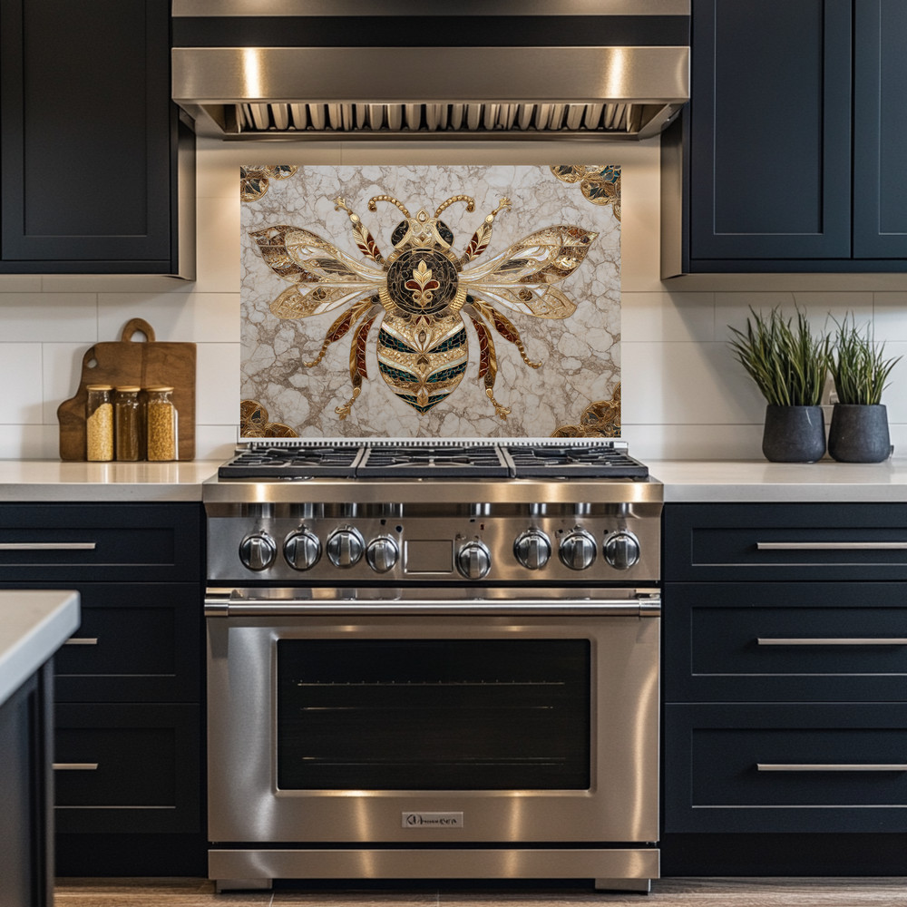 Gold Marble Look Bee Print Backsplash, Tempered Glass Kitchen Backsplash