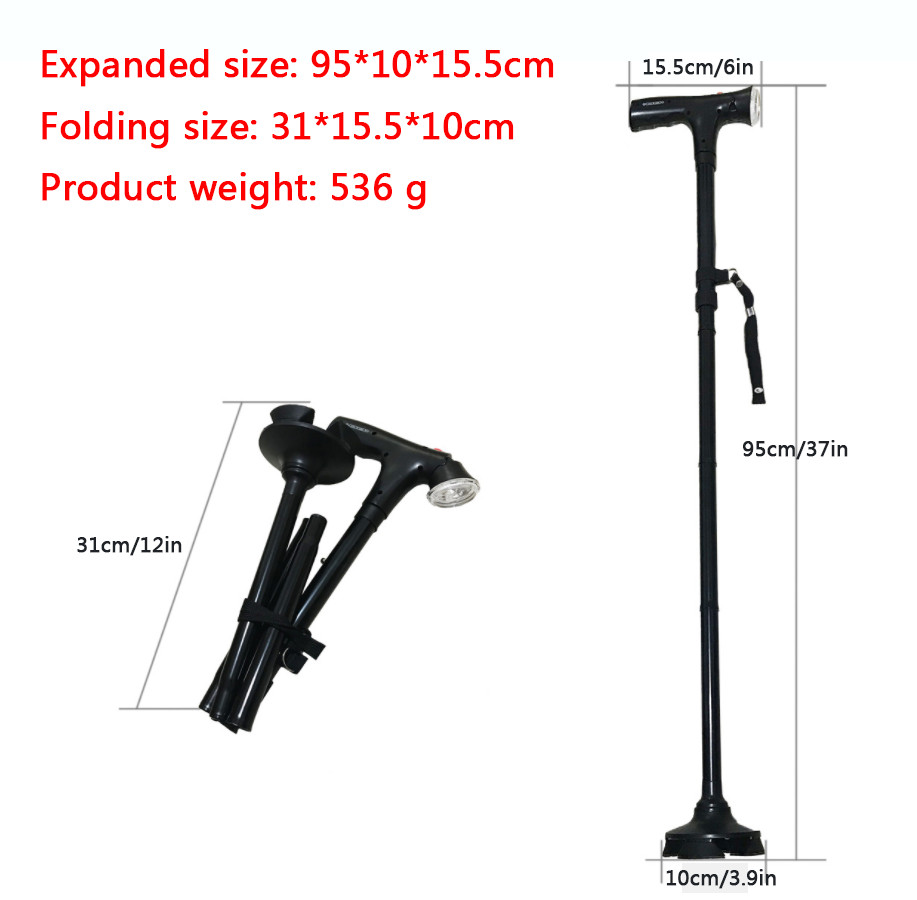Folding Adjustable Walking Stick Cane with LED Torch & Alarm button Strap Handle