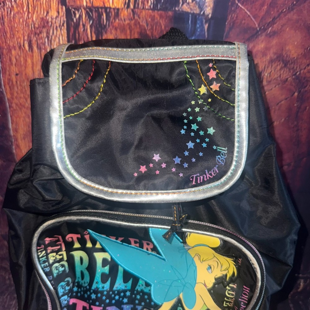 Disney Tinker Bell Pixie Power Backpack Bag Black Nylon Adjustable Strap RARE