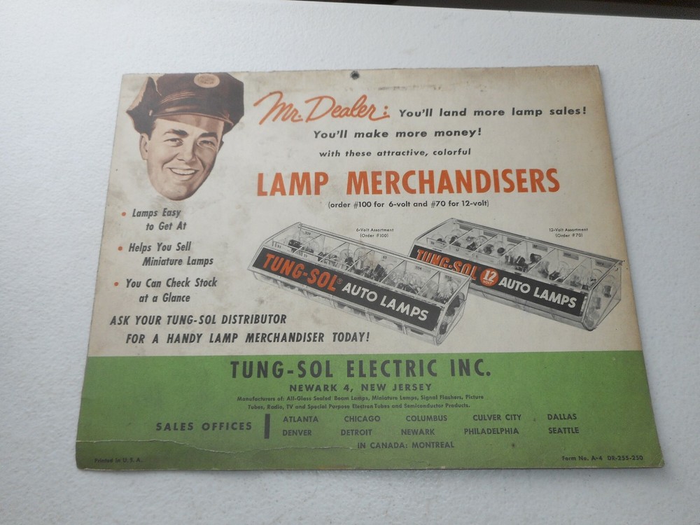 Vintage 1955 Tung-Sol Headlight Servicing Guide Chart Gas Station