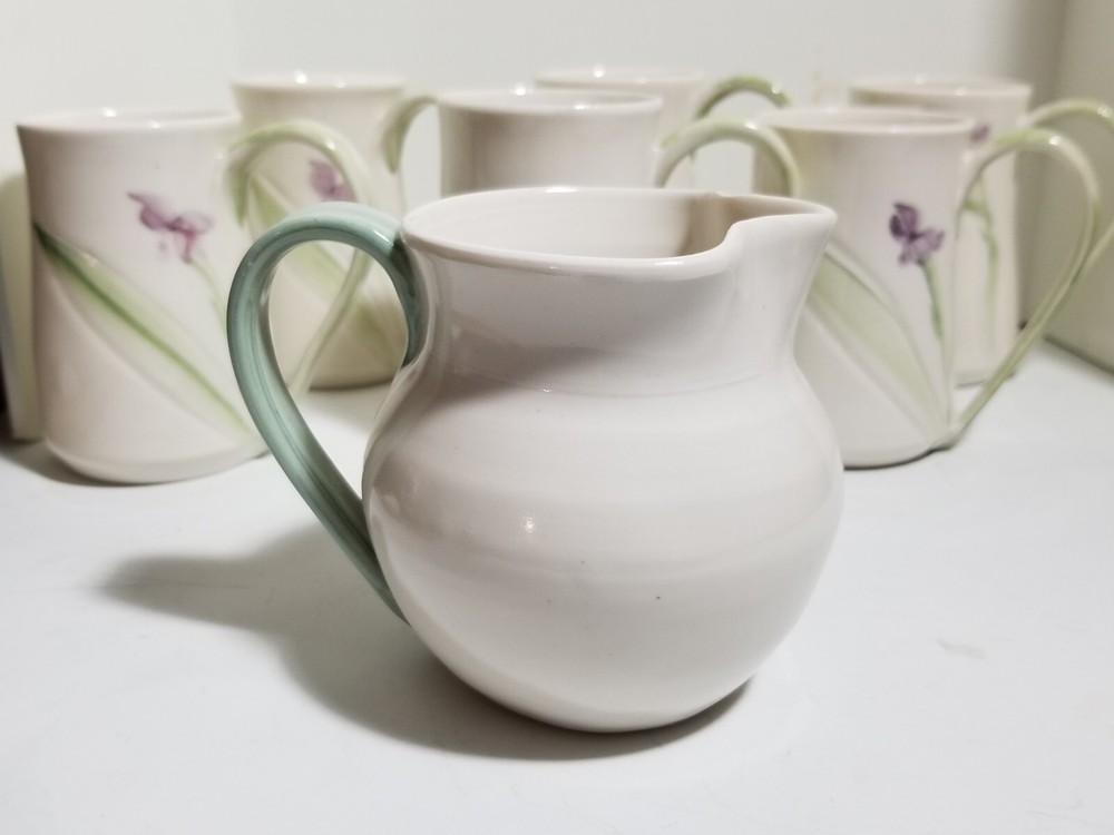 6 Iris Flower Art Pottery Espresso Cups & Creamer Studio Signed Jean Silvermann