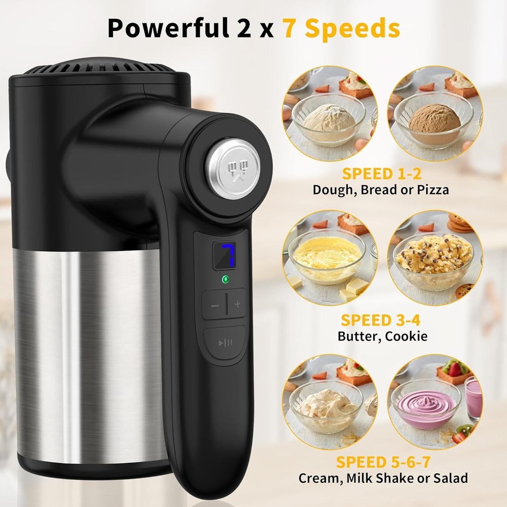Cordless handheld blender, digital display, 7 speed settings, rechargeable