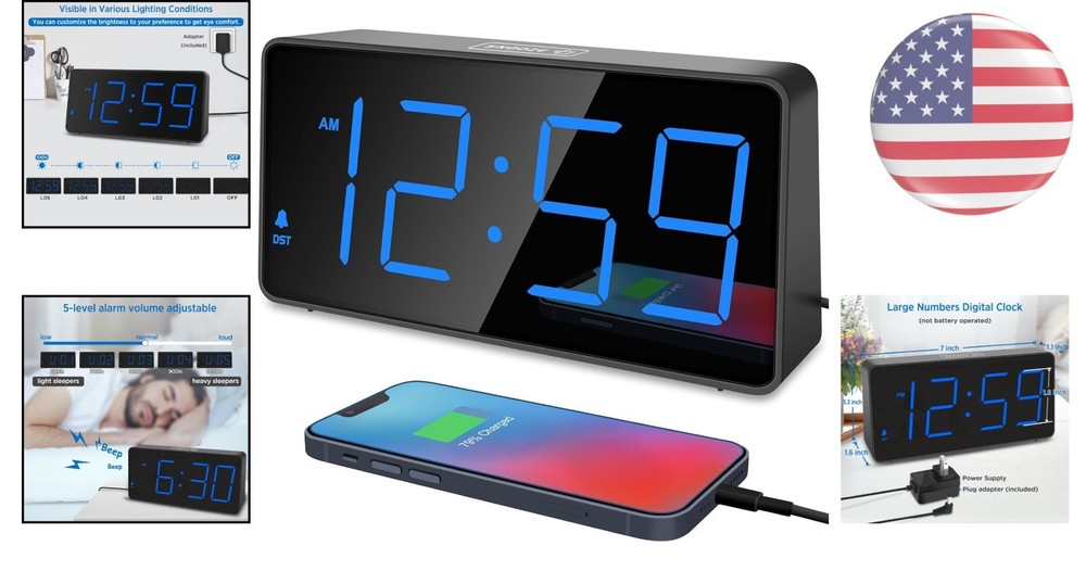 Blue Digital Alarm Clock: Adjustable Volume, USB Charging & 6 Brightness Levels