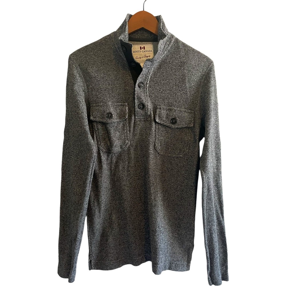 Roots Men’s Sweater Size Small Gray Pullover Mock Neck 1/4 Button Knit Casual