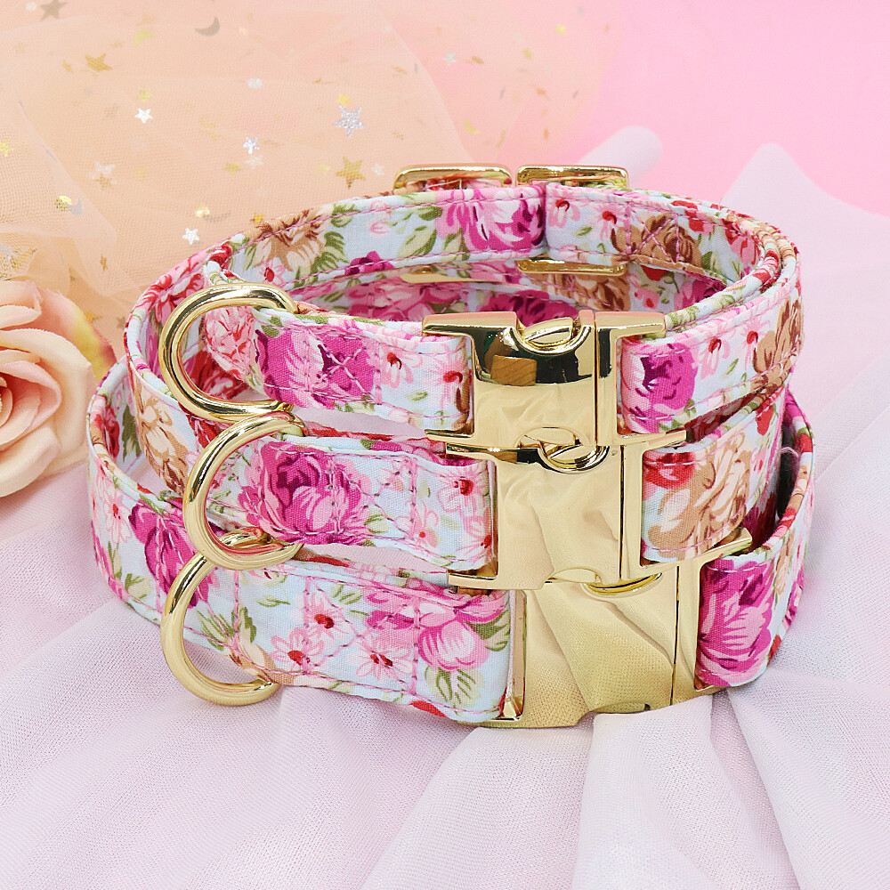 Floral Flower Dog Collar and Leash Personalized Name Engraved Custom Adjustable