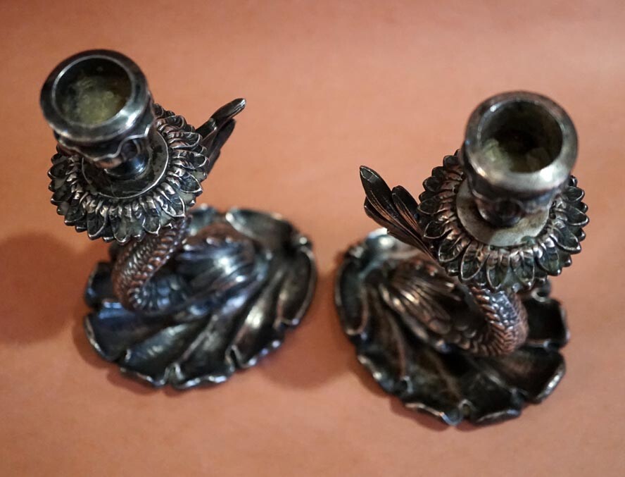 Antique Silver Plated Bronze Dolphin Candlesticks L.B. Smith Co.