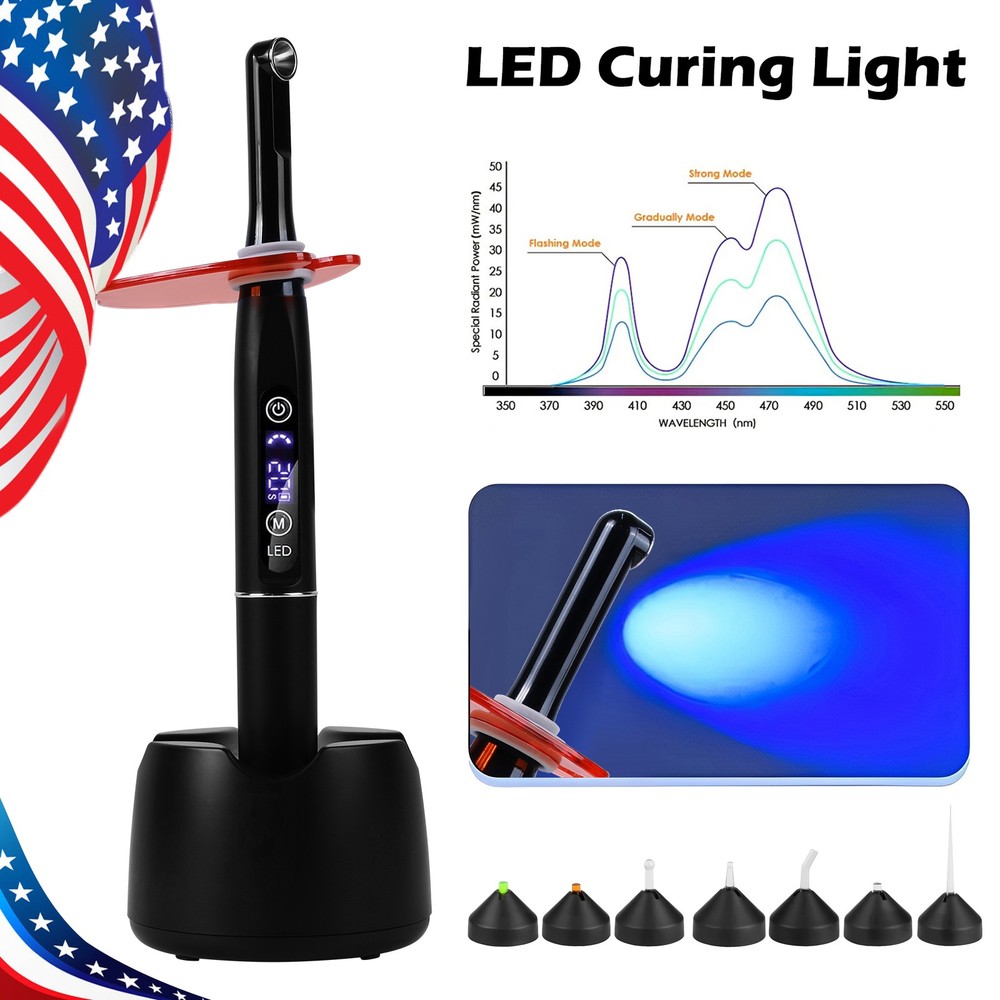Dental Wireless LED Curing Light 1 Second Curing 2500mW/cm² with 7 Curing Lens