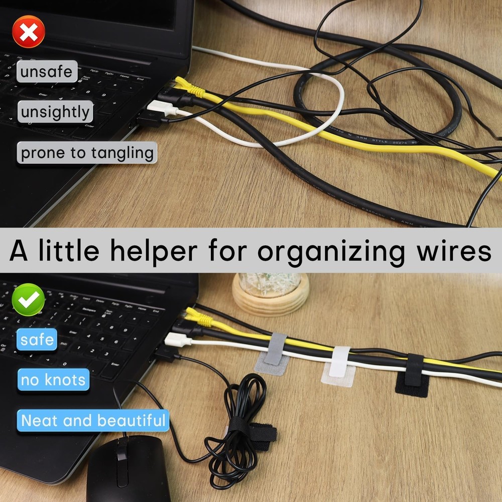 60 Pack Hook and Loop Cable Ties, Adhesive Cable Clips, Cord Organizer