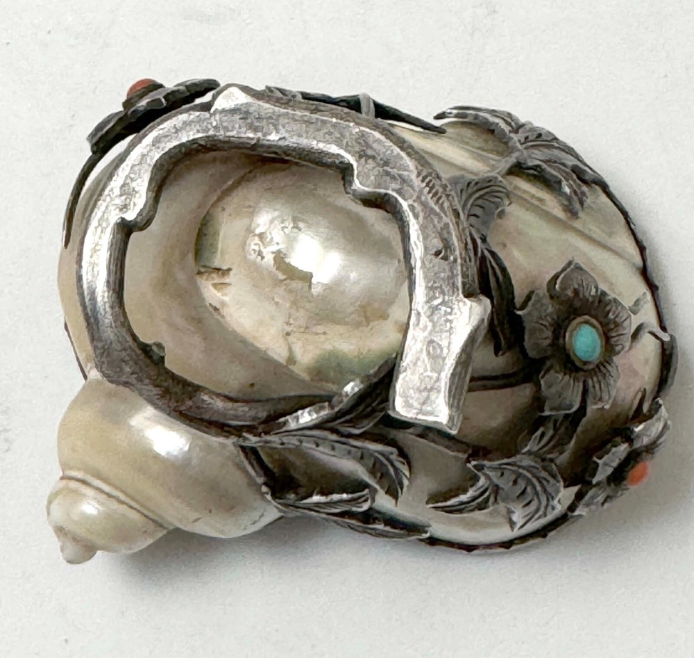 Sterling Silver Mounted Nautilus Shell CAVIAR DISH with Stones