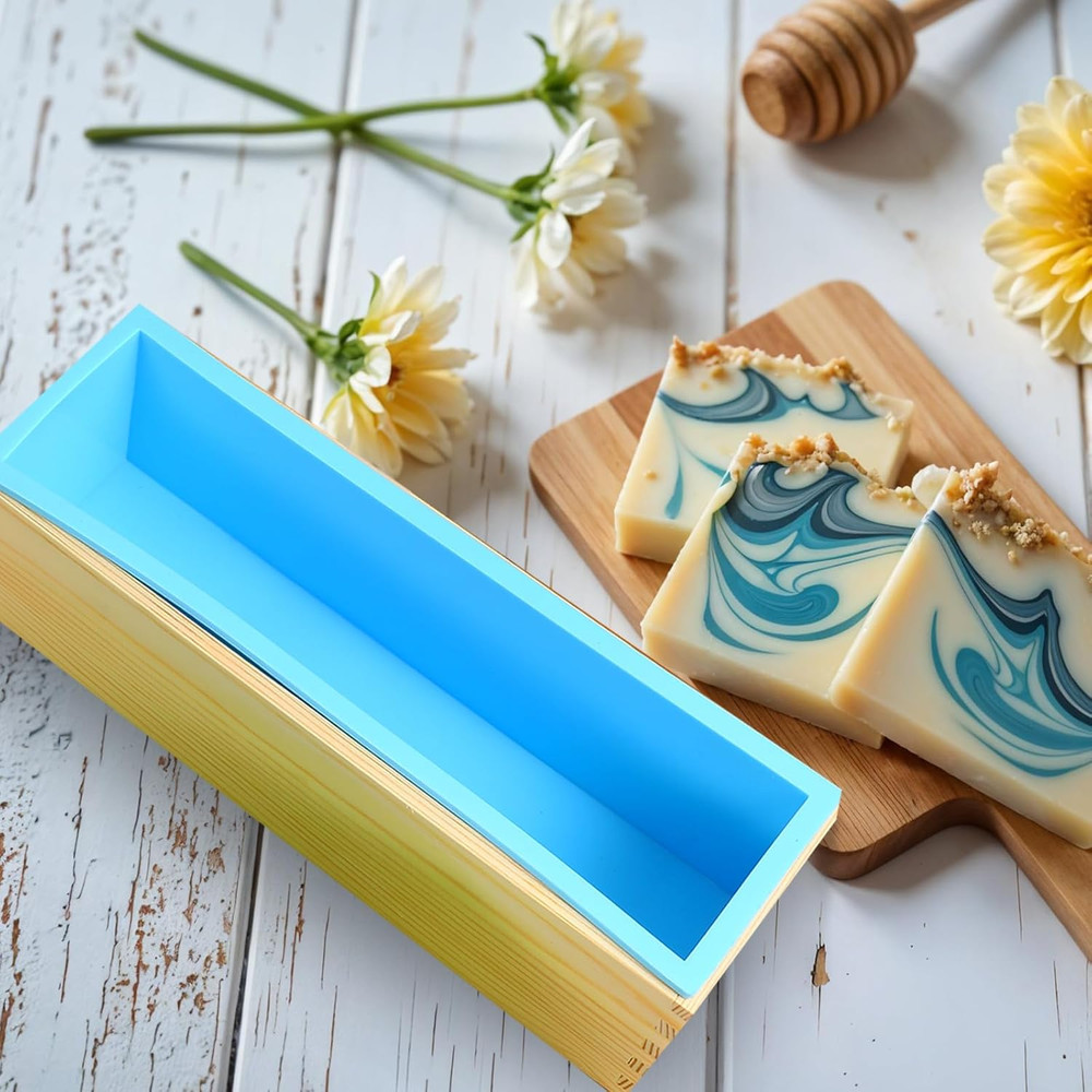 3 Pcs Soap Making Molds with Wood Box Tray, Flexible Rectangular Silicone Soap M