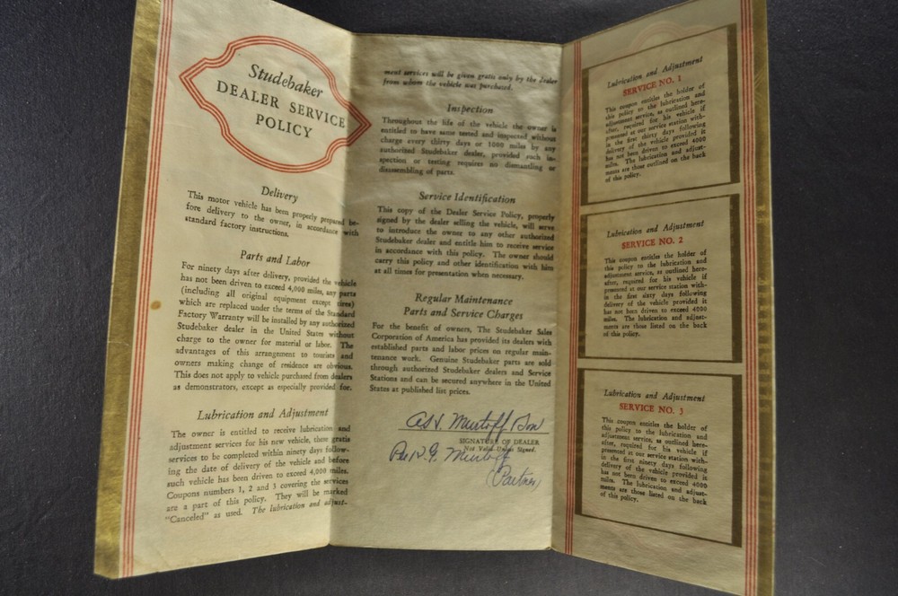 1934 Studebaker Service Policy Folder President Dictator Commander Nice Original