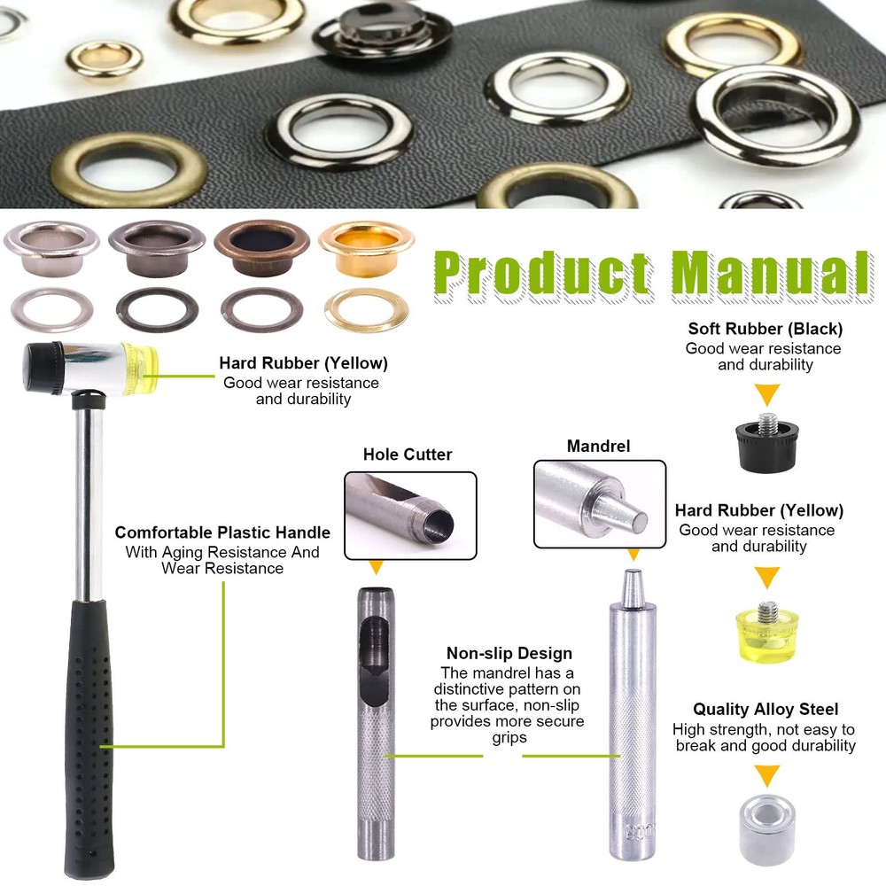 200 Sets 8mm 5/16" Thickened Grommets Eyelets with 4 Pcs Install Tools Assort...