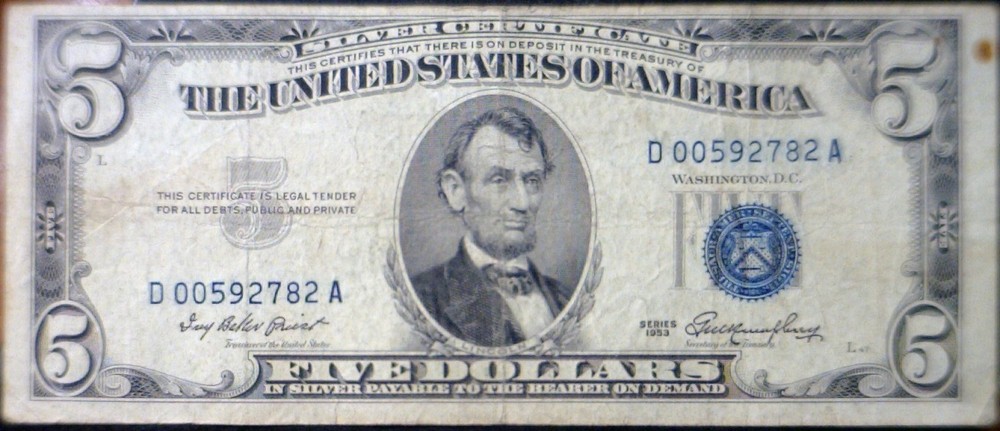 1953 ERROR $5 3rd Print Shift F + Silver Certificate BLUE SEAL Currency Note NR