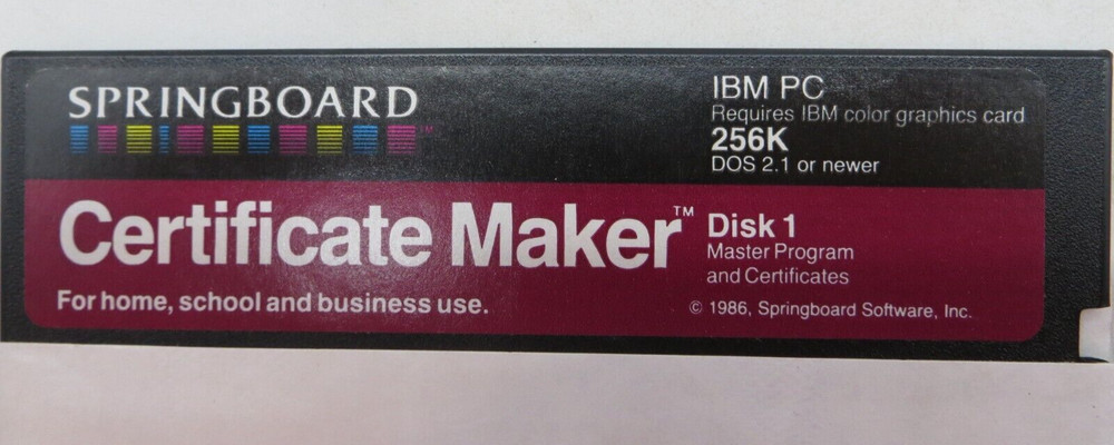 Certificate Maker 5.25" Floppy Disks IBM PC DOS 2.1 1986 Springboard Software