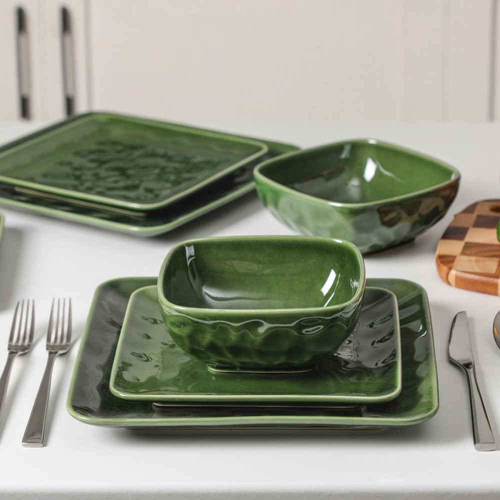 Stylish Green Ceramic 12-Piece Dinnerware Set for 4 - Scratch Resistant & Safe