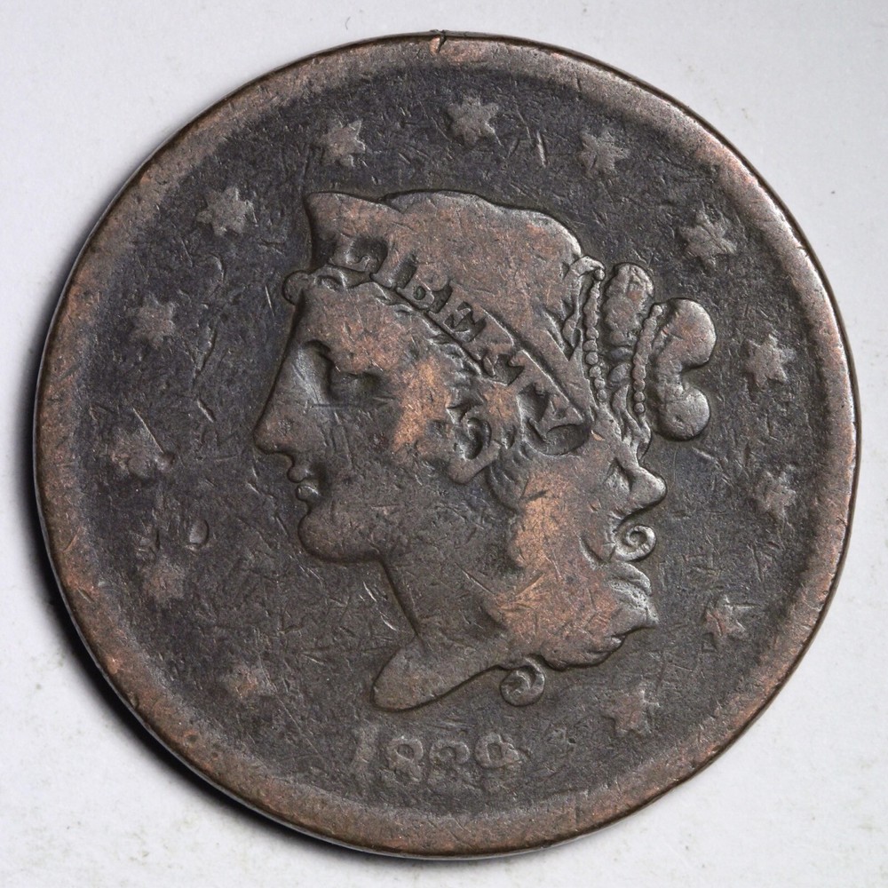 1839 Booby Head Coronet Large Cent CHOICE FINE E249 DCL