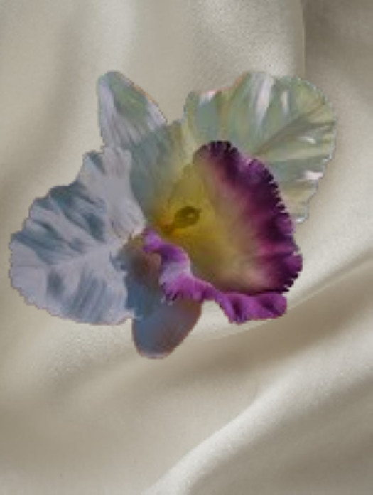 Artificial single cattleya orchid blossom WHITE purple lip