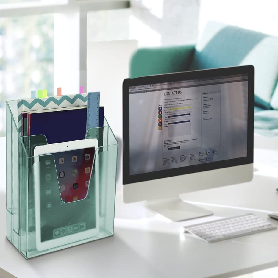 Vertical Triple File Folder Holder Organizer Plastic Sorter Clear Green