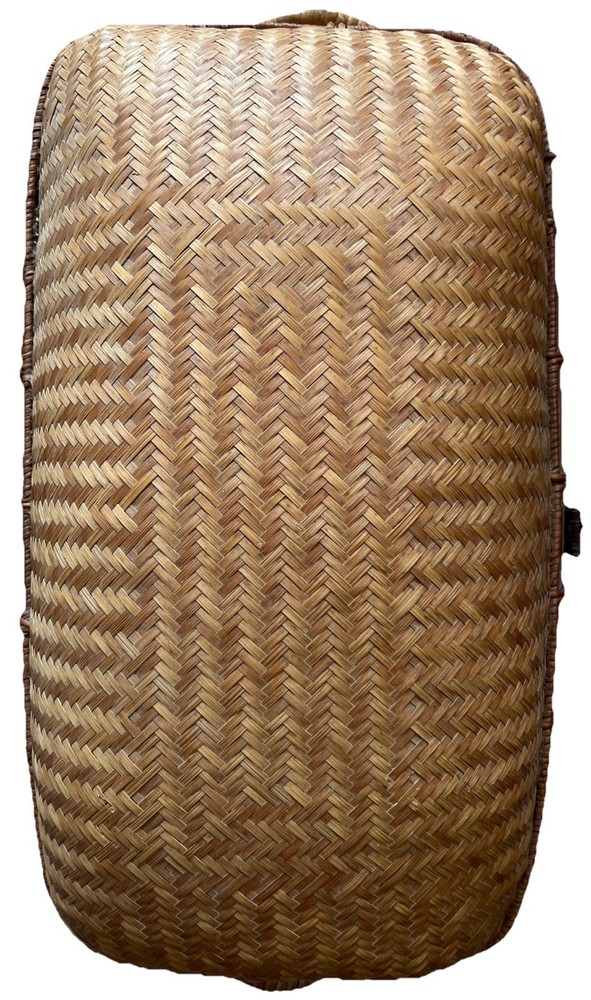 Lidded Herringbone Woven Basket Storage Trunk Split Bamboo Rattan Cane