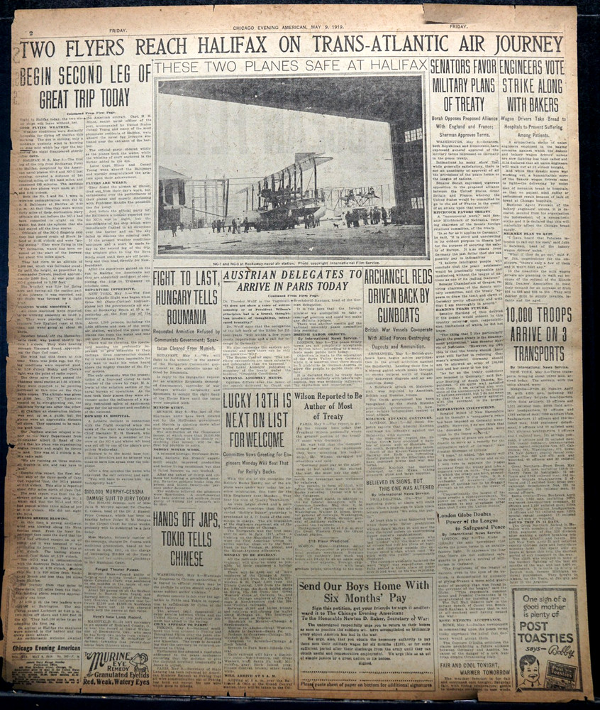 1919 Chicago Front Page - Missing Trans-Atlantic Flight Plane NC-4 Found Safe