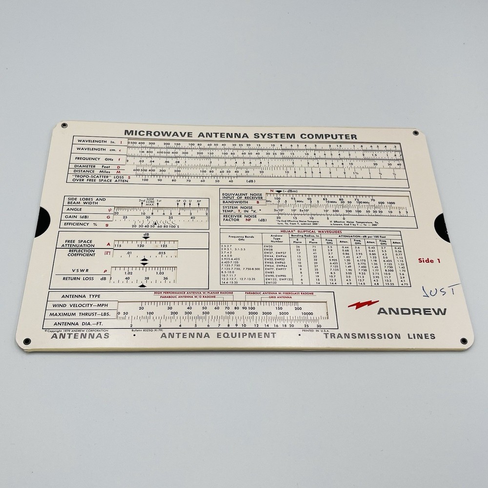 1979 ANDREW MICROWAVE ANTENNA SYSTEM COMPUTER SLIDE RULE CALCULATOR W INSTRUCTIO