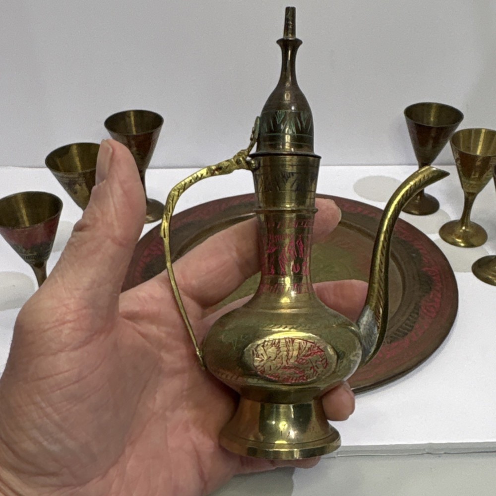 Middle Eastern Brass Coffee Set with Tray, 6 Engraved Colored Goblets, Handmade