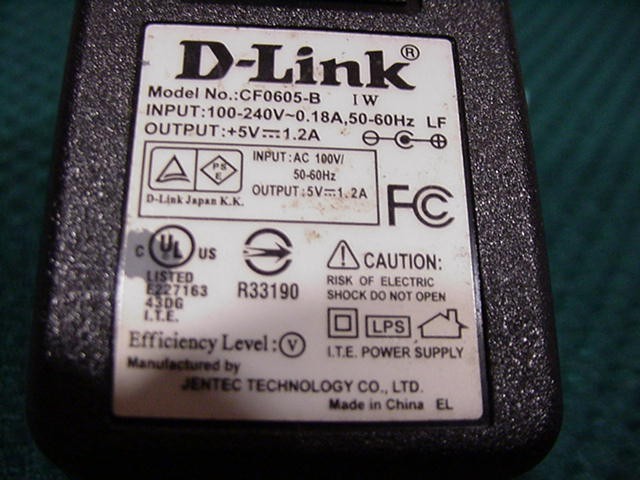 D-Link model CF0605-B ACDC Adapter Power Supply Output: 5VDC 1.2A