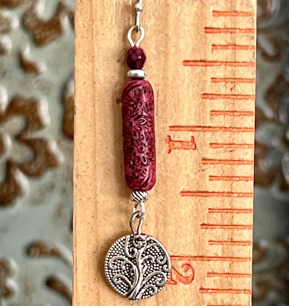 Etched Silver and Vintage Red Dangle Earrings.