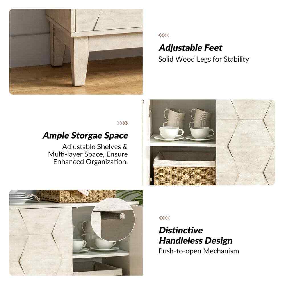 Modern Sideboard Hexagonal Embellishments with Solid Wood Legs White 60 In. New