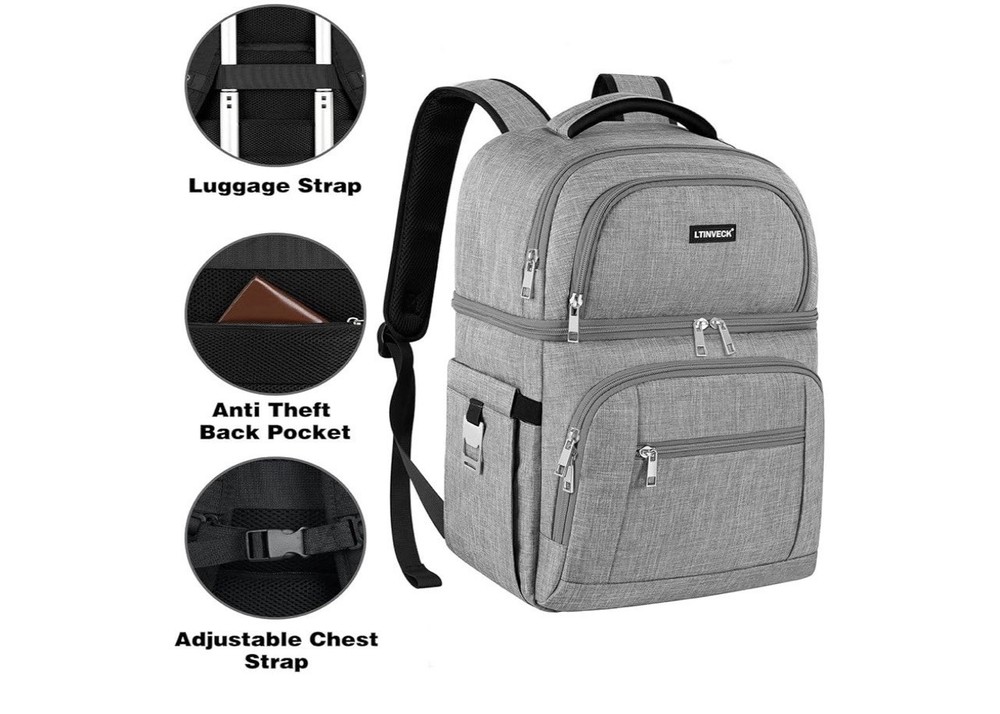 Cooler Backpack Insulated Backpack Cooler Leakproof Double Deck Cooler Bag Grey