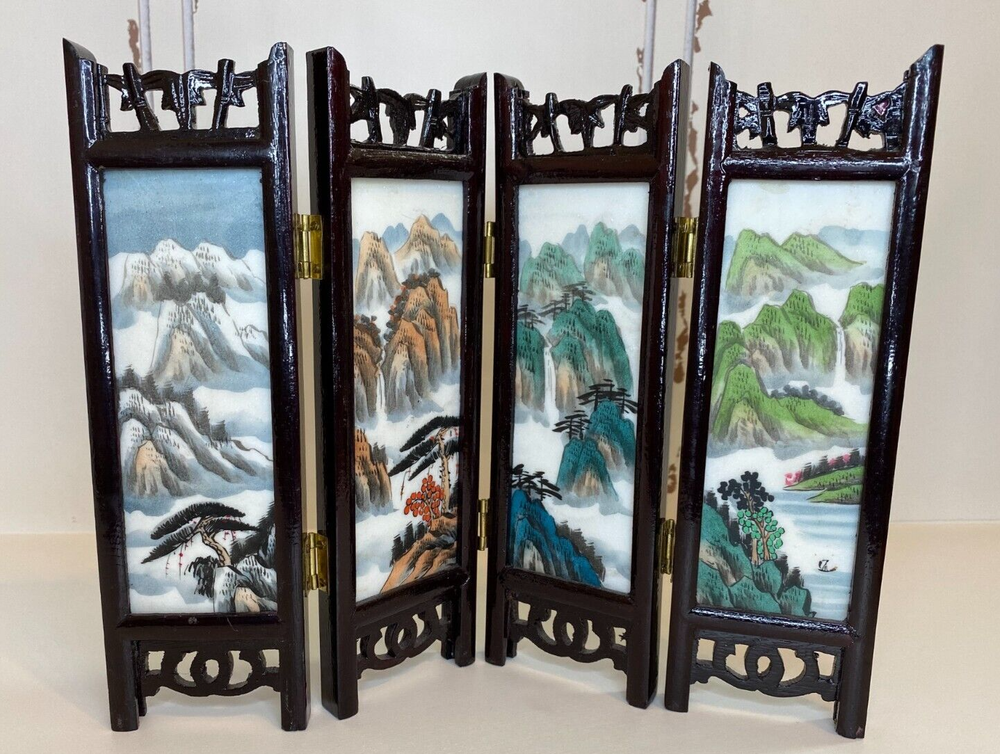 Marble Articles 8” High 2-Sided Hand Painted Mini Screen Pandas & Seasons