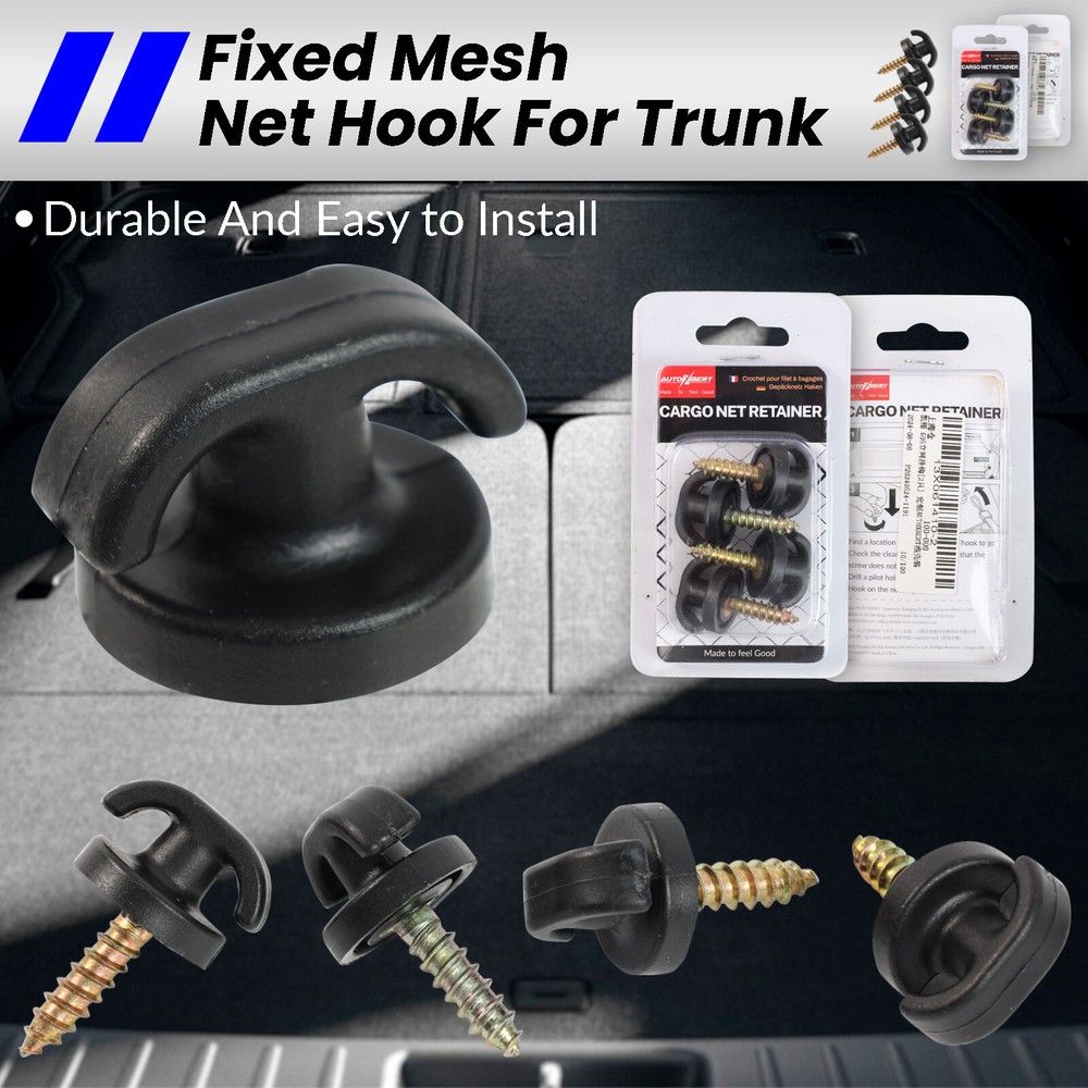4PCS Rear Trunk Boot Cargo Net Envelope Net Clips Ring Screws Tie Down Hook Loop