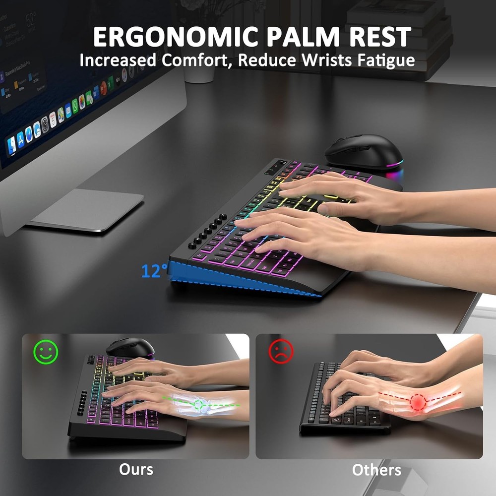 Wireless Keyboard and Mouse, 9 Backlit Effects with Wrist Rest, 6 Button Mouse