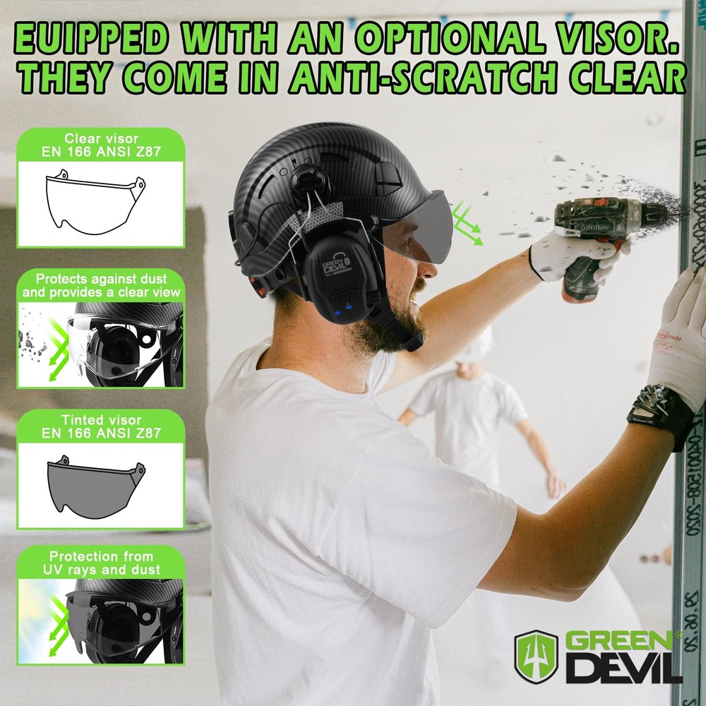 GREEN DEVIL Hard Hat with Bluetooth Ear Muffs and Visor Vented Work Safety He...