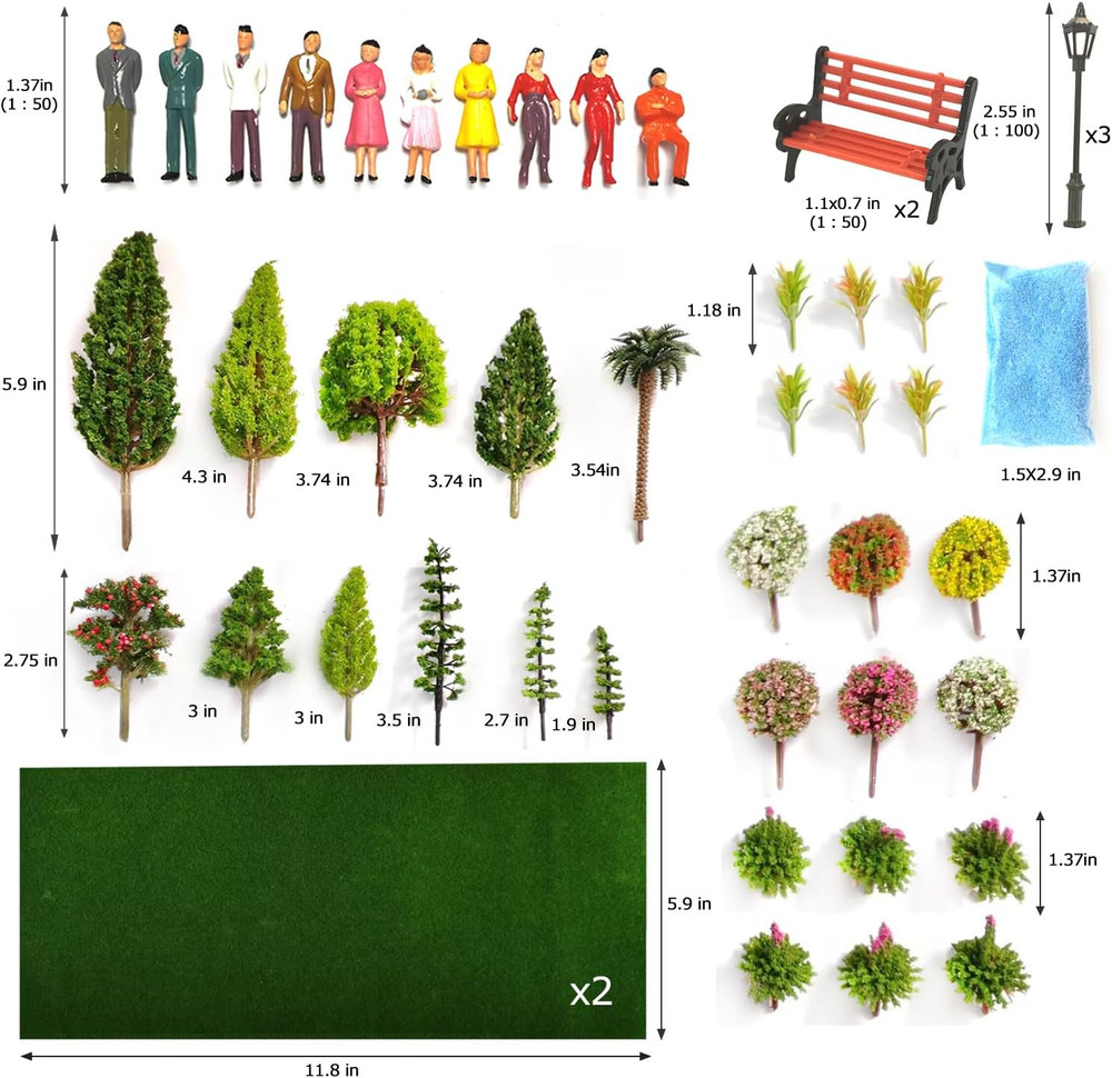 Model Scenery Kit, 47Pcs, Painted Figures, Model Train Scenery, Miniature Trees,