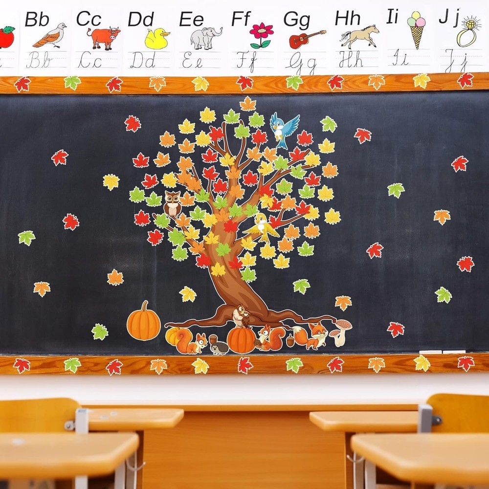 155 Pcs Fall Bulletin Board Set Autumn Classroom Tree & Maple Leaf Cutouts