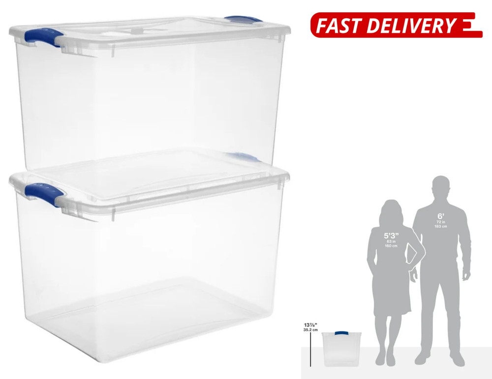 (Pack of 2) Stackable Plastic Tote Box Storage Containers Bin 66 Quart, Storage