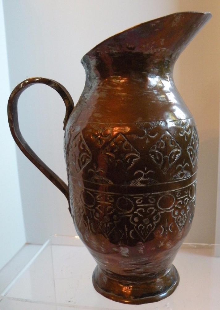 pax310 MIDDLE EASTERN COPPER & TIN WASH PITCHER EWER 7" HIGH