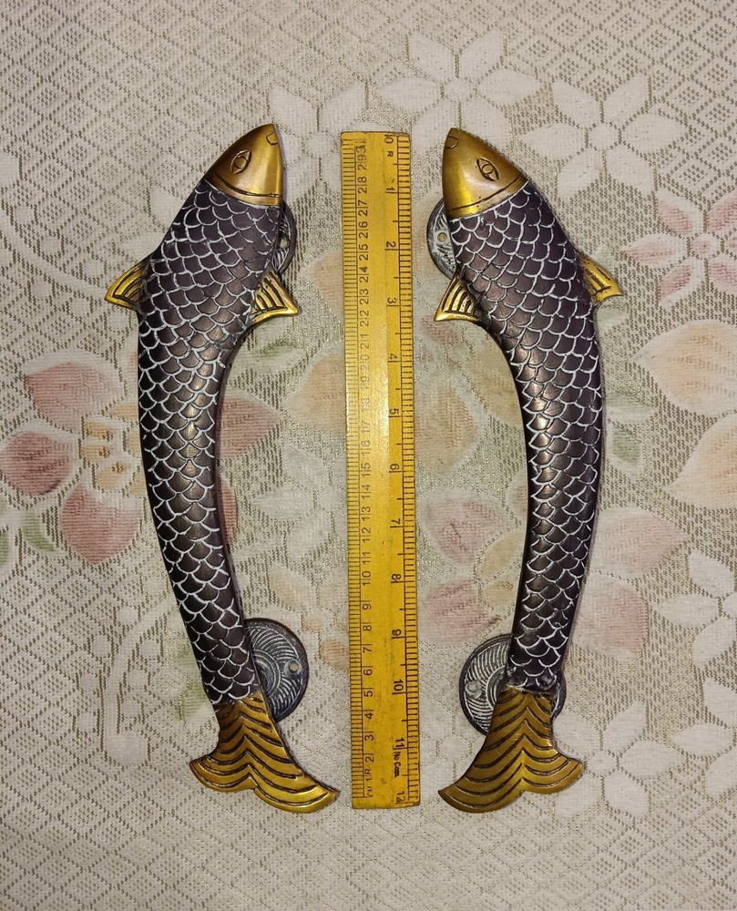 11" Inches Fish Door Handle Pair Brass Nautical Creature Door Pull Decor CA116