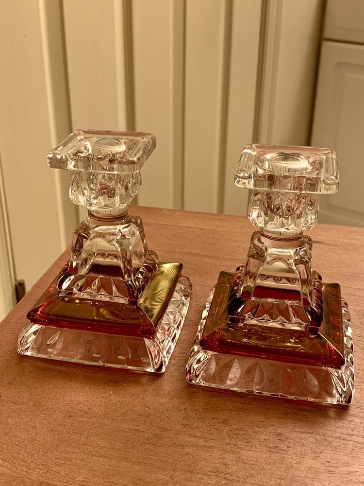 Set Of 2 Vintage Westmoreland Wedding Pattern Ruby Flash Crystal Candlesticks.