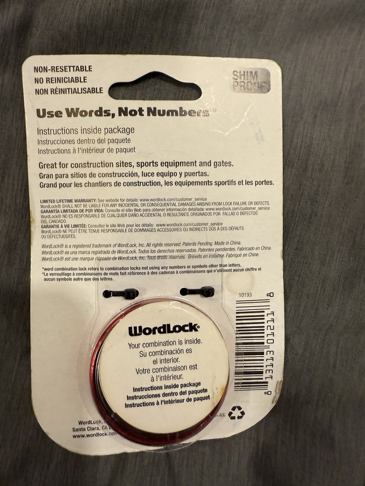 WordLock Dial Combination Padlock 3 Letter Text Combo Shim Proof Red