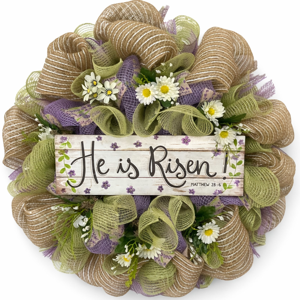 He is Risen Easter Floral Deco Mesh Wreath