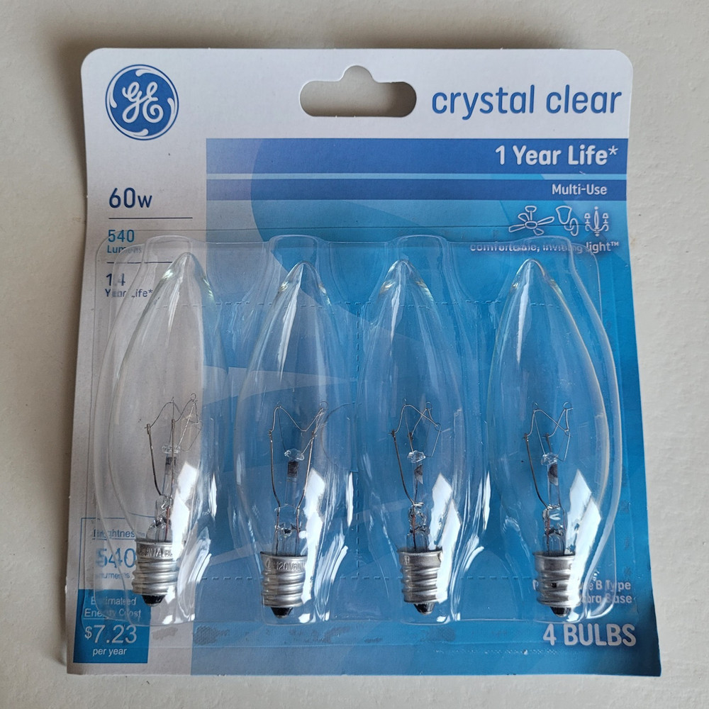 4 GE 60w Decorative B Multi Use Candelabra Base Bulbs Crystal Clear 4PK Bulb