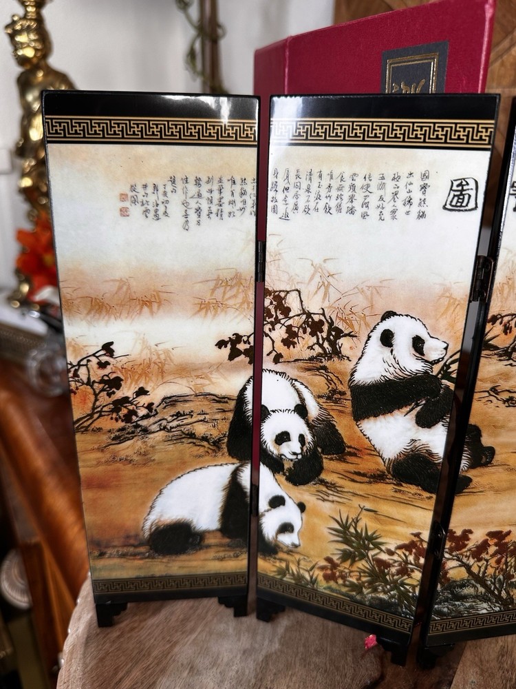 Chinese Panda Mini Folding Screen Black Lacquer Tabletop Art Boxed