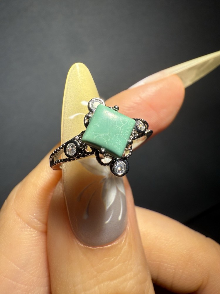 Natural Hubei Turquoise Square Ring / Silver- plated/adjustable