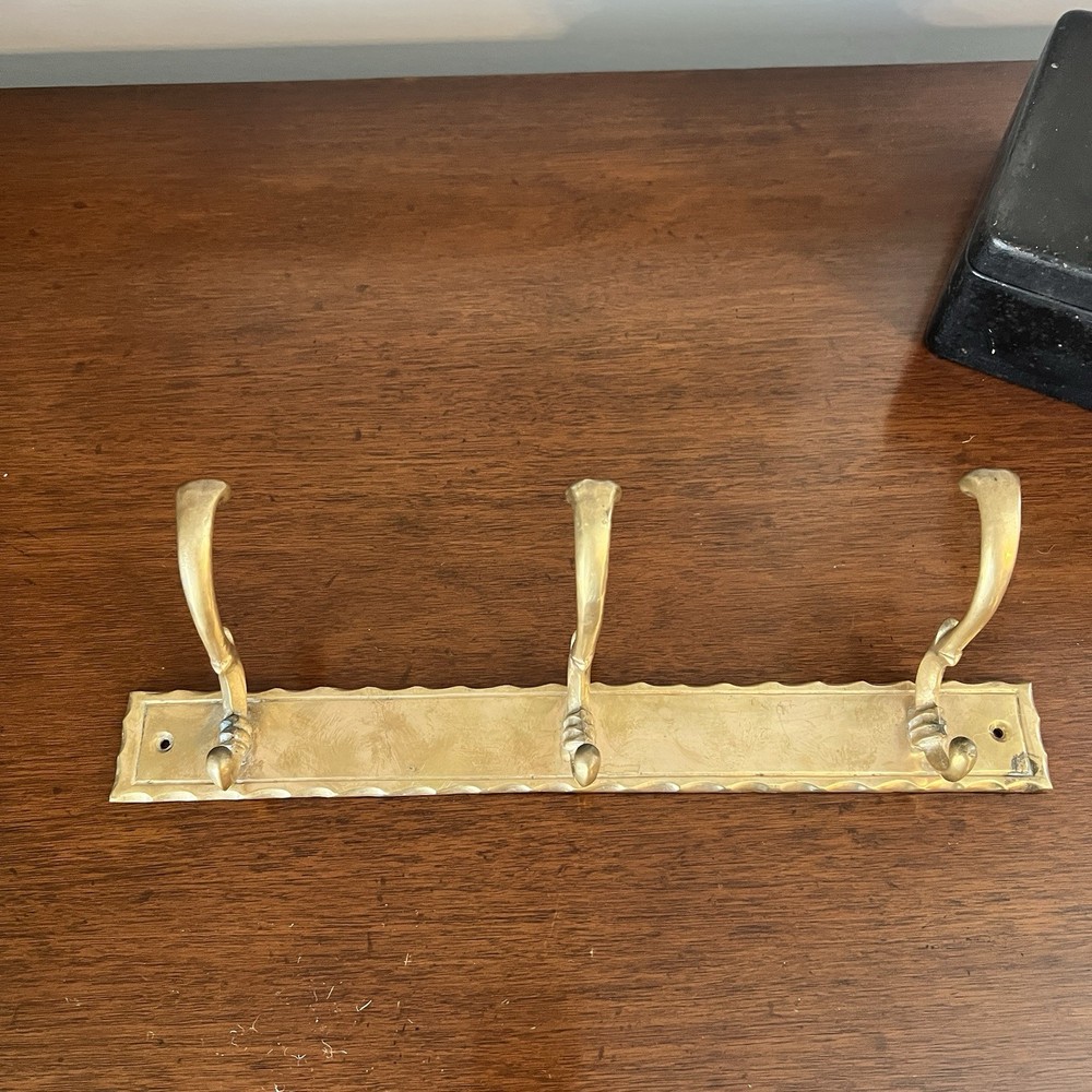 Vintage Solid Brass Wall Coat Rack 3 Hook Hat Rack Hammered Brass 15 Inch